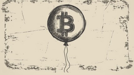 A monochrome sketch of a Bitcoin-themed balloon floating against a textured, antique-style background. The artwork represents economic speculation and financial uncertainty. AI generated.