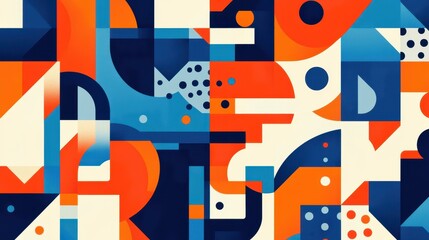 Vibrant abstract shapes in blue and orange create a modern retro backdrop, filled with playful textures and flat design elements.
