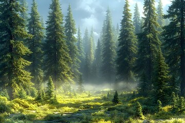 A serene forest scene showcasing lush green pine trees towering majestically. Sunlight filters through the branches, creating a tranquil and ethereal atmosphere.