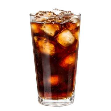 glass of cola with ice cubes on transparent background