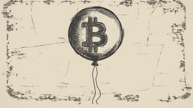 A monochrome sketch of a Bitcoin-themed balloon floating against a textured, antique-style background. The artwork represents economic speculation and financial uncertainty. AI generated.