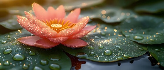 A serene close-up of a pink lotus flower adorned with droplets of water, resting on lush green lily pads, evoking tranquility and natural beauty in soft golden light.