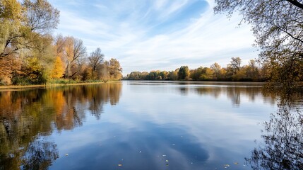 Fototapeta premium Tranquil Reflection of Autumn Trees in a Serene Lake Under a Blue Sky : Generative AI