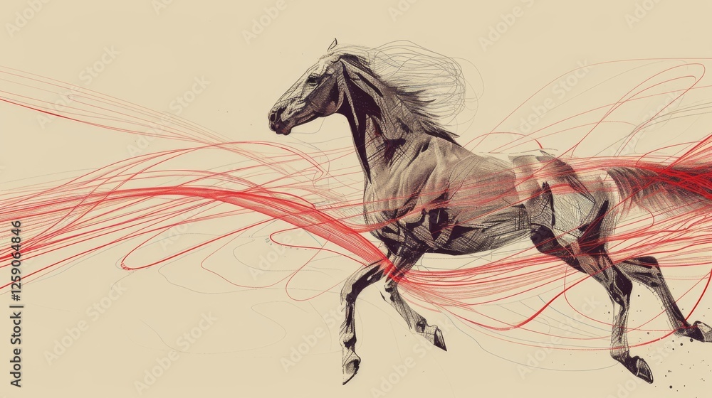 Poster a digital sketch of a galloping horse, surrounded by flowing red lines that emphasize movement and e