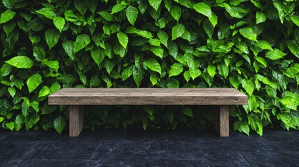 Fototapeta premium Wooden bench against lush green wall, tranquil garden scene