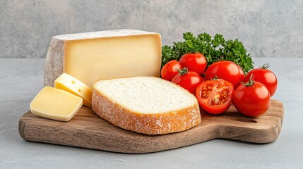 A rustic wooden board showcases slices of cheese and vibrant tomatoes, garnished with fresh parsley against a textured background.