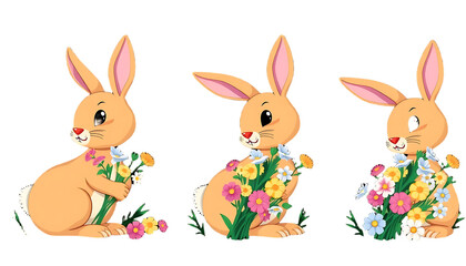 Charming of cute rabbits or hares holding delicate floral bouquets in a lush natural springtime setting with flowers greenery and a soft dreamy aesthetic