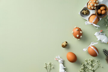 Flat lay composition with Easter eggs, ceramic bunnies, flower branches on pastel green background