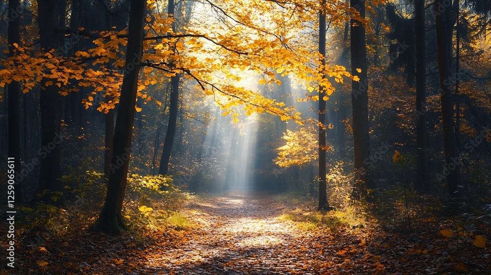 Poster sunlit forest path with golden autumn leaves and beams of light : generative ai