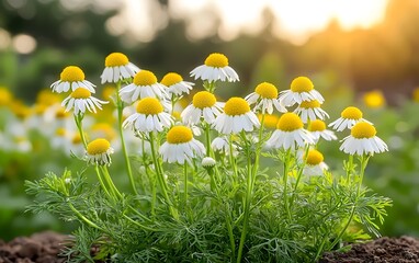 A vibrant cluster of white daisy-like flowers with yellow centers, bathed in warm golden sunlight against a lush green background, creating a serene and cheerful atmosphere.