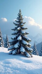 Fototapeta premium A lone pine tree stands tall amidst a blanket of fresh snow, coniferous forest, winter foliage