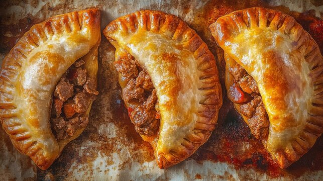 Traditional Argentine empanadas with beef and cheese. Featuring a savory and baked dish. Highlighting the texture and flavors of the empanadas. Ideal for food and cultural themes.