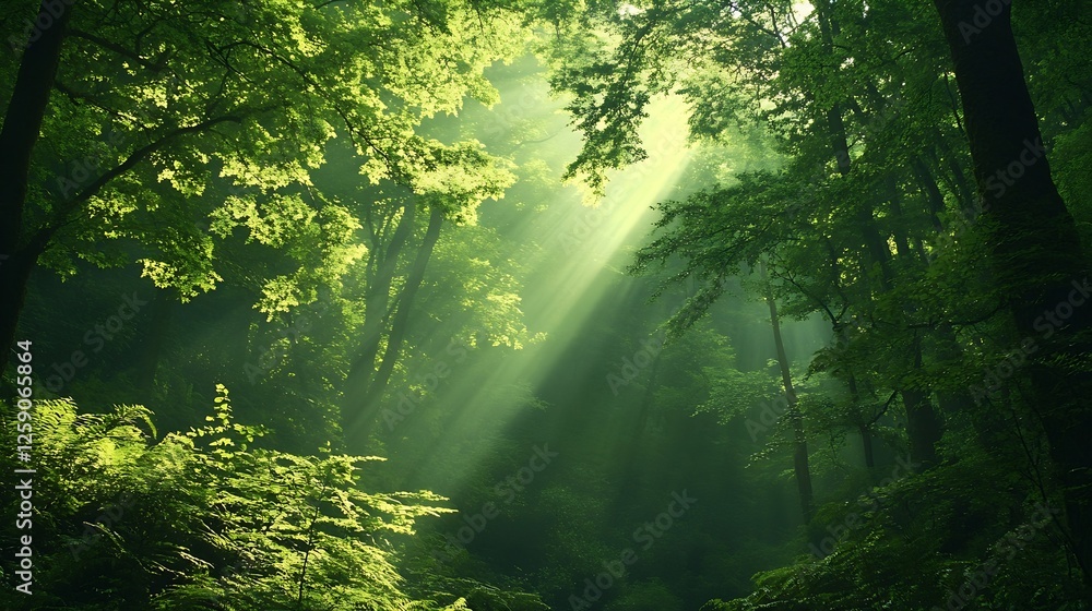Poster Sunlight Filtering Through Lush Green Forest Creating Beautiful Natural Atmosphere : Generative AI