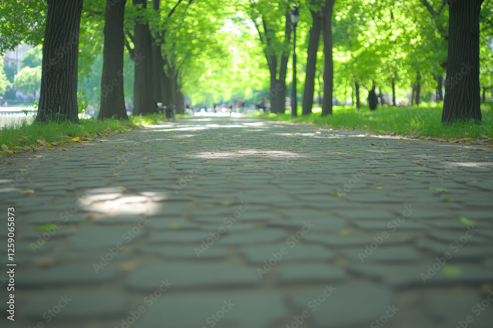 Poster a path in a park with trees and a bench