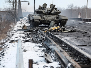Blindé sur une route dévastée en Ukraine