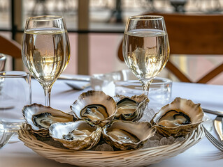 Plateau d'huitres fraiches avec deux verres de vin
