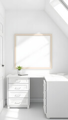 White workspace interior with board and drawer, window. Mockup frames, clipart style. with white shades