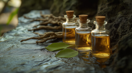 Ayurvedic Oils and Natural Remedies in Small Glass Jars, Placed on a Stone Surface with Leaves and Roots, Featuring Large Open Space to the Left for Text, copy space