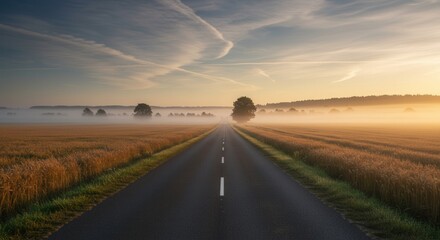 Naklejka premium Asphalt Road Through Golden Wheat Field with Foggy Sunrise Landscape