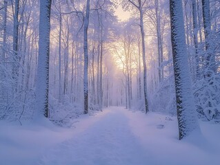 A serene winter landscape showcasing a snow-covered path through tall trees blanketed in snow, illuminated by the soft glow of the winter sun at dawn.