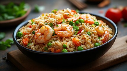 Traditional Chinese fried rice with shrimp and vegetables. Featuring a flavorful and savory dish. Highlighting the texture and flavors of the fried rice and shrimp. Ideal for food and cultural themes.