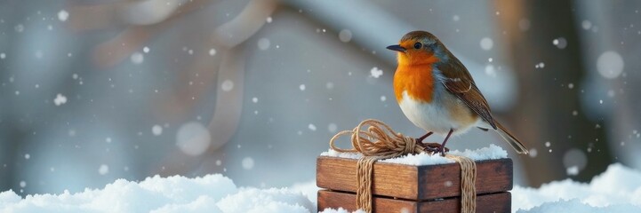 A robin bird sitting on a snowy branch with a beautifully crafted wooden gift box underneath, nature, quiet, branch