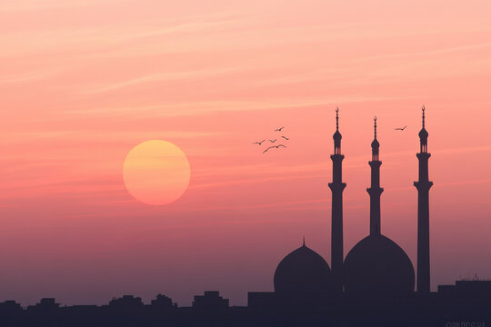 A sunset with a large sun and a silhouette of a mosque in the background - Powered by Adobe