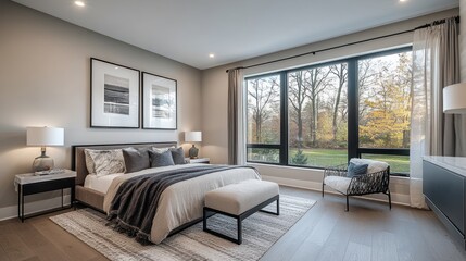 Modern Bedroom Design With Large Window And Autumn View
