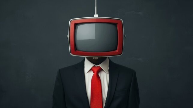 A surreal image of a man with a TV for a head, highlighting the impact of media on perception and thoughts.
