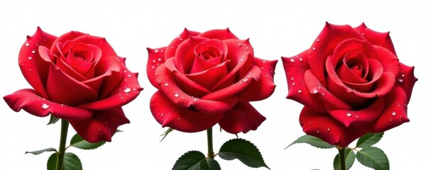 Three lush red roses adorned with sparkling water droplets, isolated against a stark white backdrop , macro, elegance