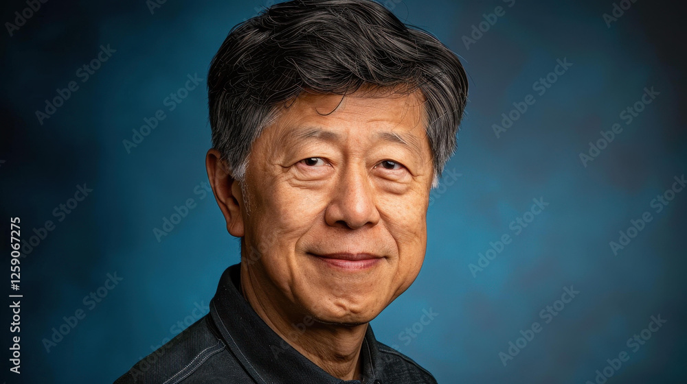 Wall mural A charming mature Asian man, wearing a warm smile, radiates confidence in this striking portrait against a plain backdrop.