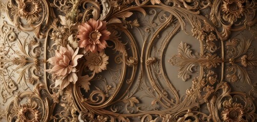 Ornate scroll design with floral patterns and filigree details,  black and white,  retro design