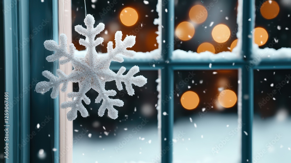 Poster snowflake decoration on window with soft bokeh background