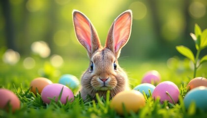 Fototapeta premium A pair of bunny ears surrounded by a garden filled with eggs , easter eggs, spring, flowers
