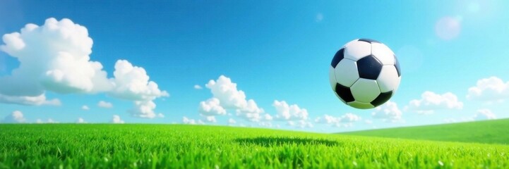 A soccer ball flying through the air on a blue filet with green grass and white clouds , sky, ball, soccer ball