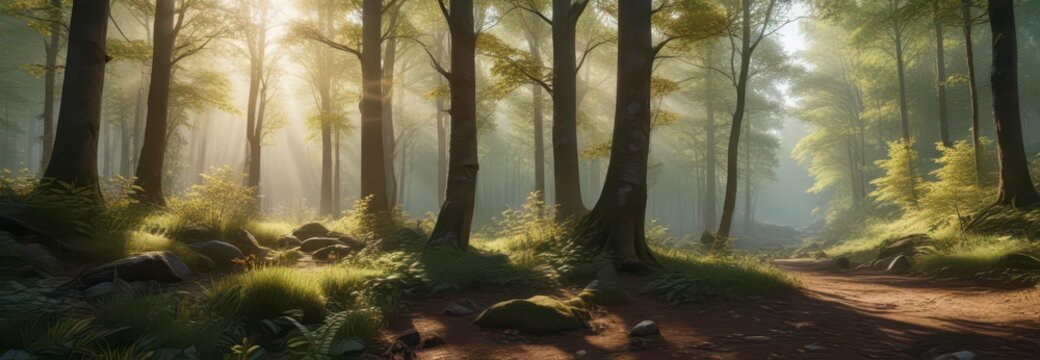 Panoramic Wald mit Sonnenstrahlen und Bl?ttern,  waldlandschaft,  dachlose h?tte