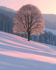 A solitary tree stands gracefully on a snow-covered hill, bathed in soft pink and lavender hues of dawn as shadows stretch across the glistening white landscape.