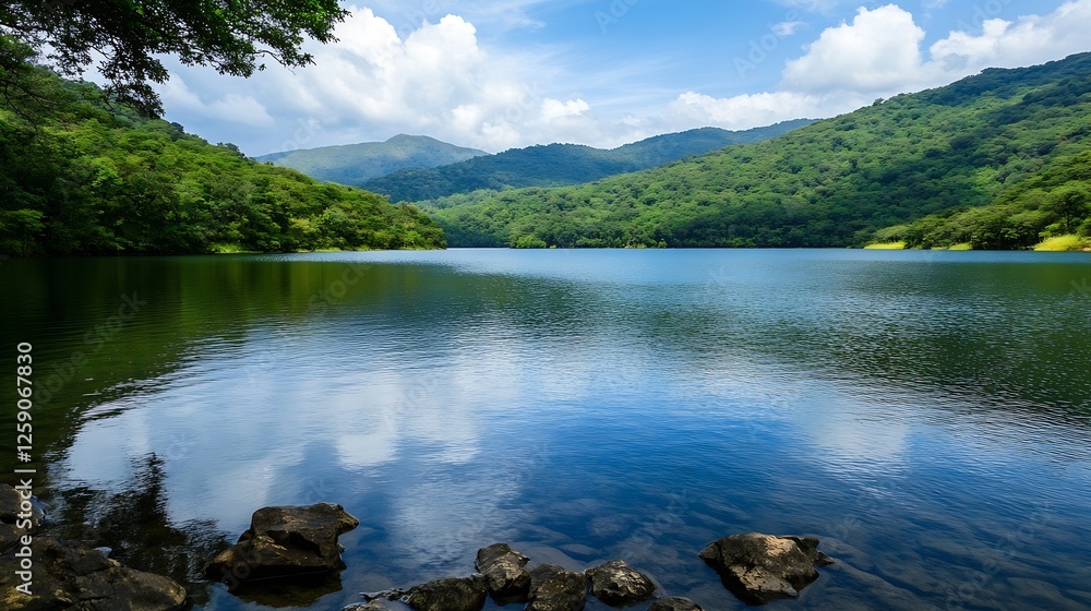 Poster Serene tranquil lake nestled between green hills reflecting the sky and trees in calm waters : Generative AI