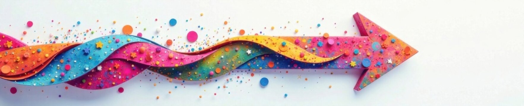 A stylized arrow made of various colors and patterns floating in mid-air, art, vibrant, shapes