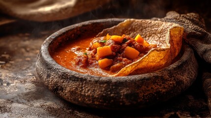 Traditional Ethiopian injera with spicy stews. Featuring a flavorful and unique dish. Highlighting the texture and flavors of the injera and stews. Ideal for food and cultural themes.