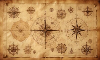 Fototapeta premium A set of old navigation charts with hand-drawn maps and nautical symbols on yellowed parchment paper, sailing, compass, ocean