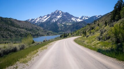 Fototapeta premium Scenic winding road through lush greenery and majestic snowy mountains under clear blue sky : Generative AI