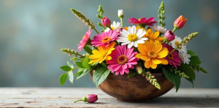 A vibrant floral arrangement with fresh wildflowers in a rustic wooden bowl, earthy, wildflowers, natural