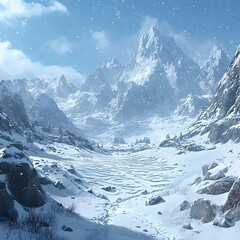 A breathtaking winter landscape featuring towering snow-capped mountains under a clear blue sky with gentle snowfall, creating a serene and tranquil atmosphere.