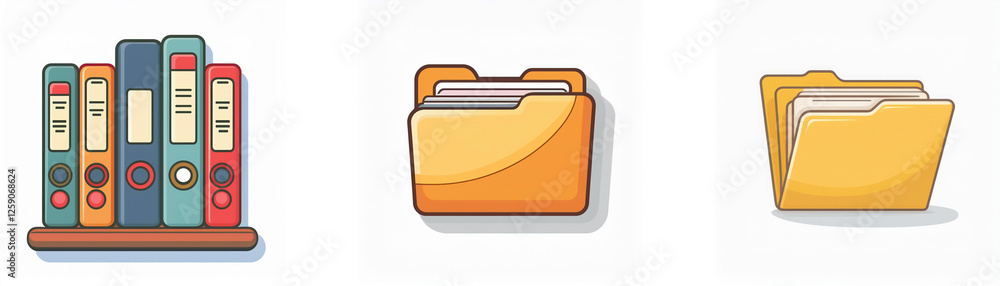Poster illustration of colorful books standing upright on a shelf, next to closed and open yellow folders. 