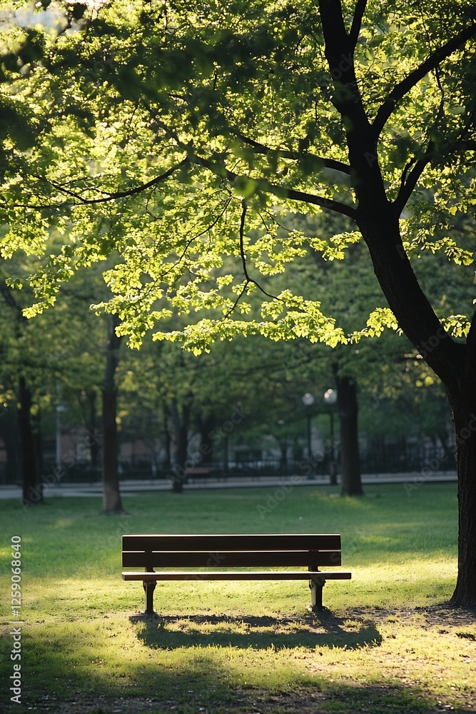 Poster Calm and Tranquil Park Scene with Sunlight Filtering Through Green Trees : Generative AI