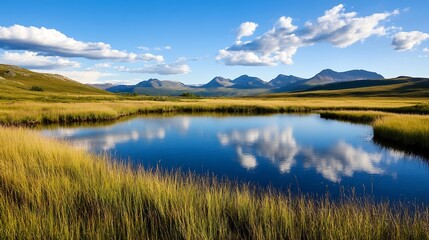 Obraz premium Stunning Landscape View of Serene Lake Surrounded by Lush Green Grass and Majestic Mountains : Generative AI