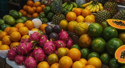Assorted Exotic Fruits Displayed at a Vibrant Market Stall