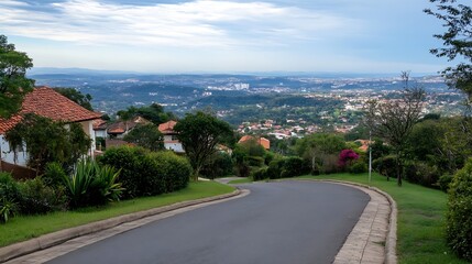 Obraz premium Scenic View of Suburban Neighborhood with Lush Greenery and Rolling Hills Under Blue Sky : Generative AI