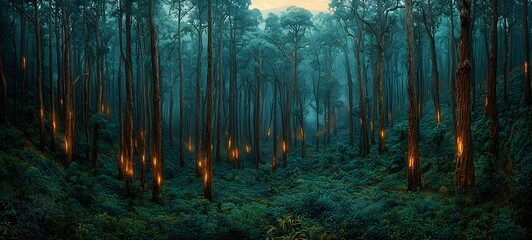 A mystical forest at twilight, filled with tall trees and glowing lights that illuminate the lush greenery, creating an enchanting and serene atmosphere.